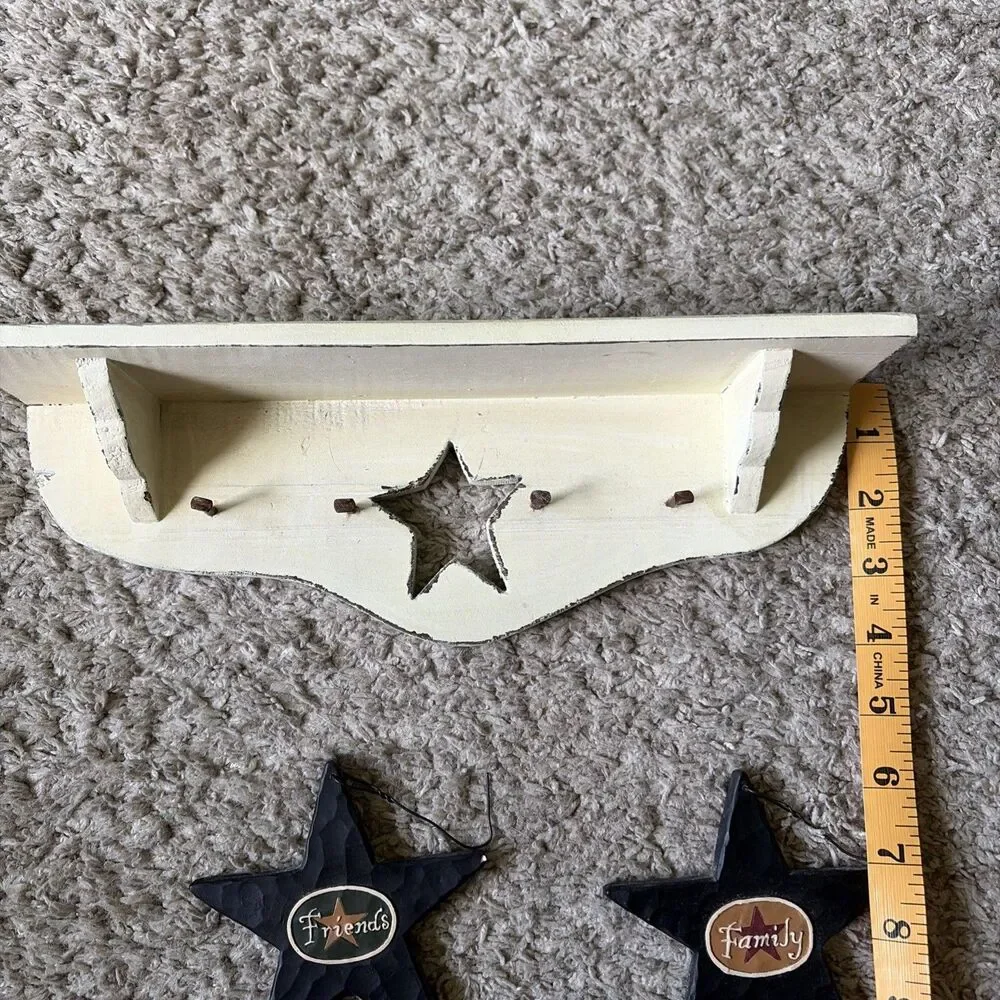 Primitive Small Wood Wall Shelf with decorative Stars Distressed Decor